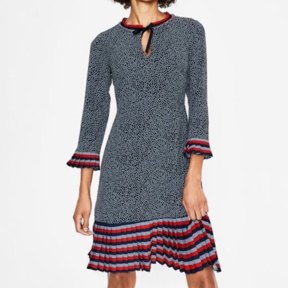 Boden Lara Pleat Detail Dress Navy Polka Dot 10P Above Knee NWOT Red Gray Blue - Picture 1 of 10